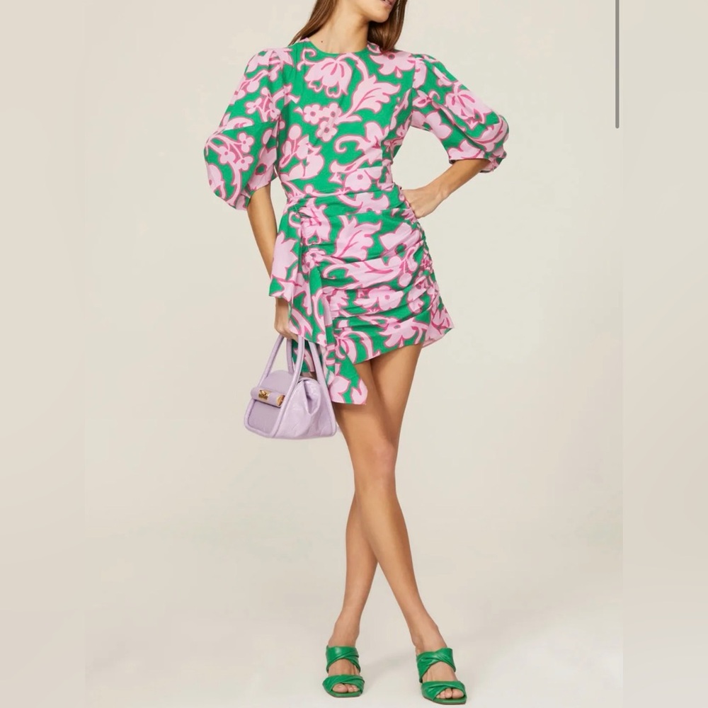 RHODE Green and Pink Asymmetrical Floral Mini Dress